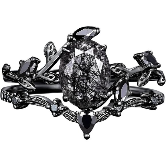 Natural Black Rutilated Quartz Ring Sets for Women - Picture 5 of 10